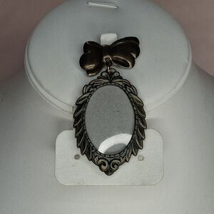 Vintage Blackened Brass Ornate Picture Frame Danging From Bow Brooch Memorial